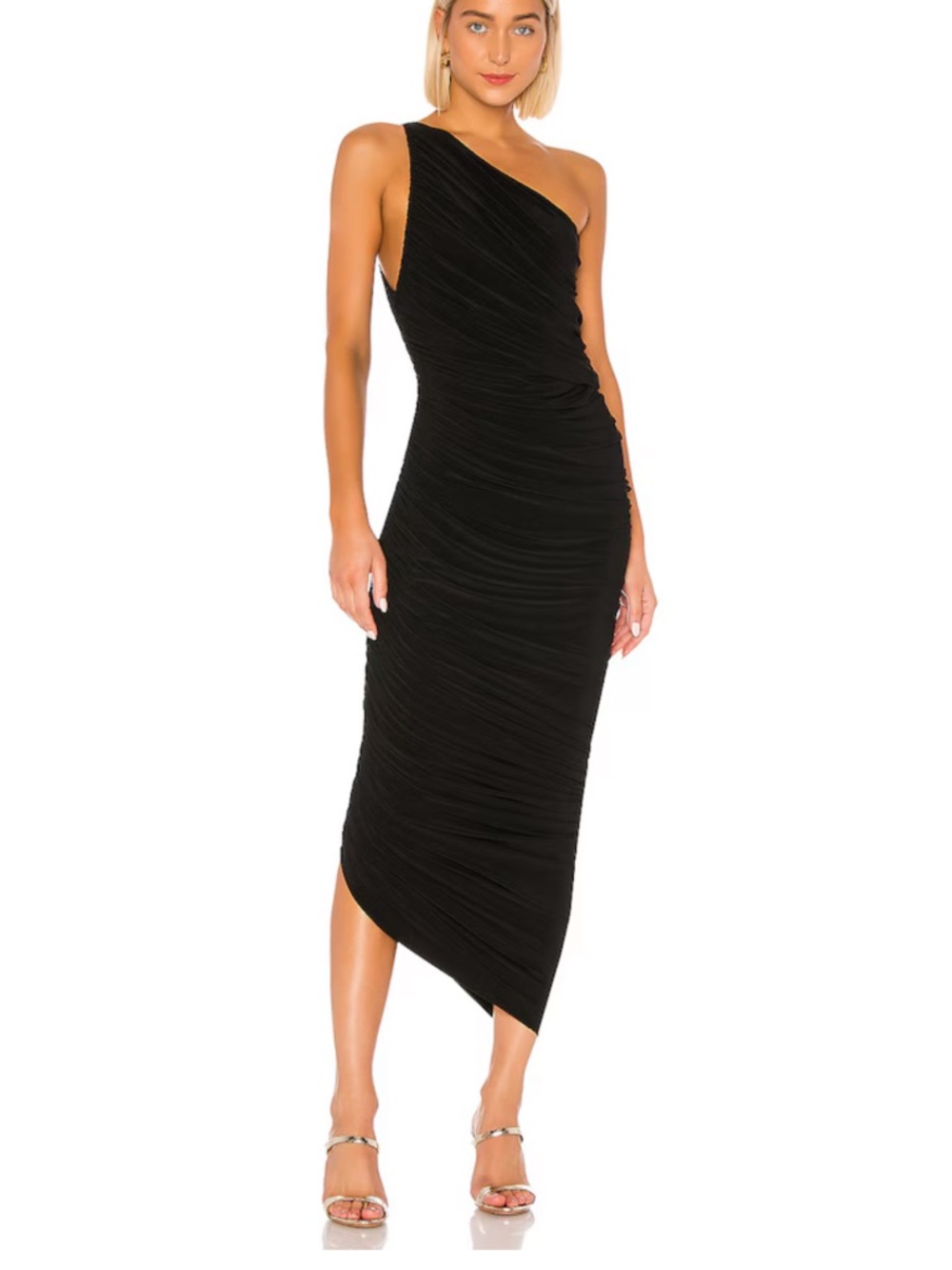 Norma Kamali Black One-Shoulder Ruched Asymmetric Midi Dress